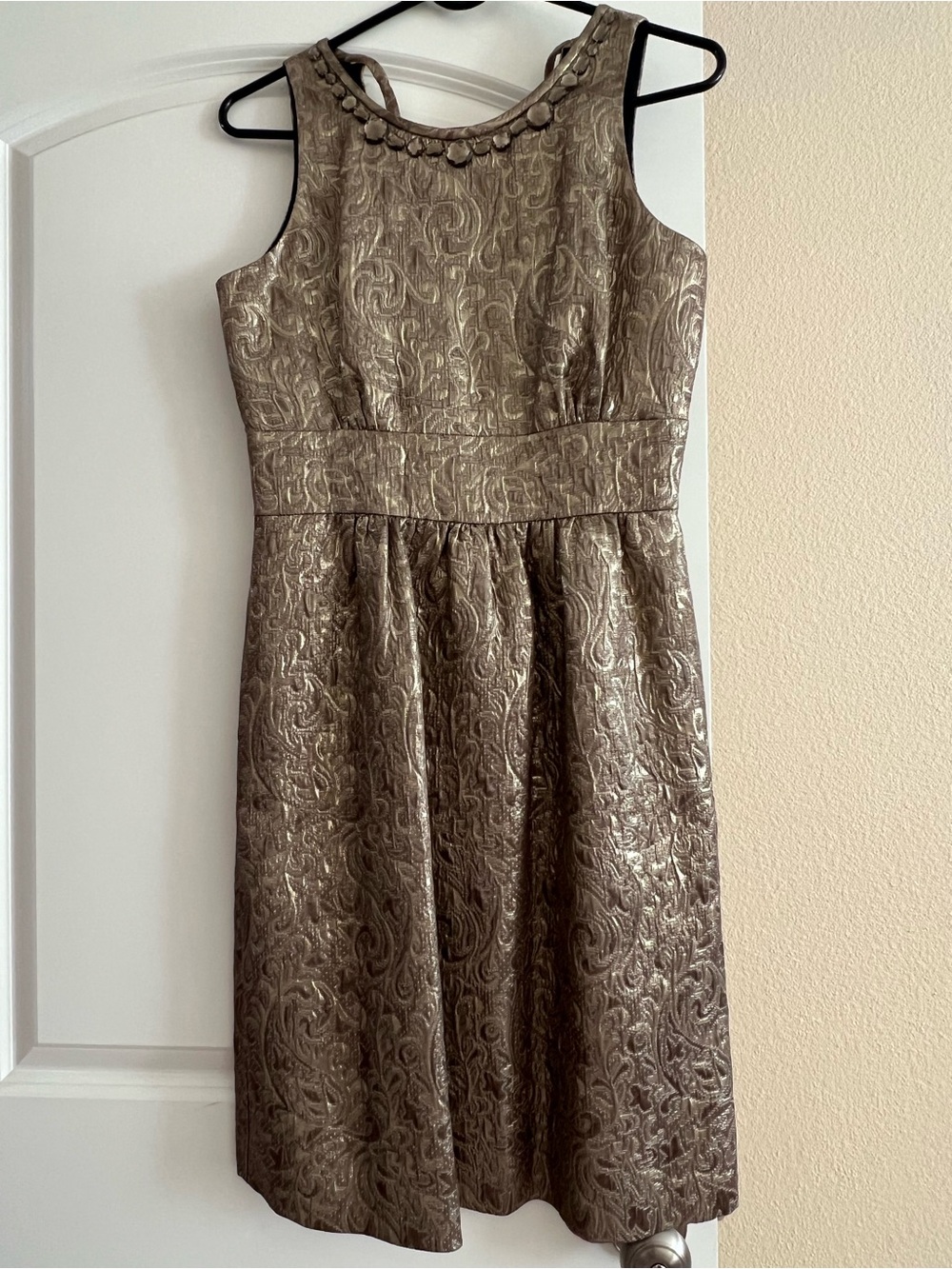 Eliza J Metallic Taupe Jacquard Cocktail Dress with Embellished Neck